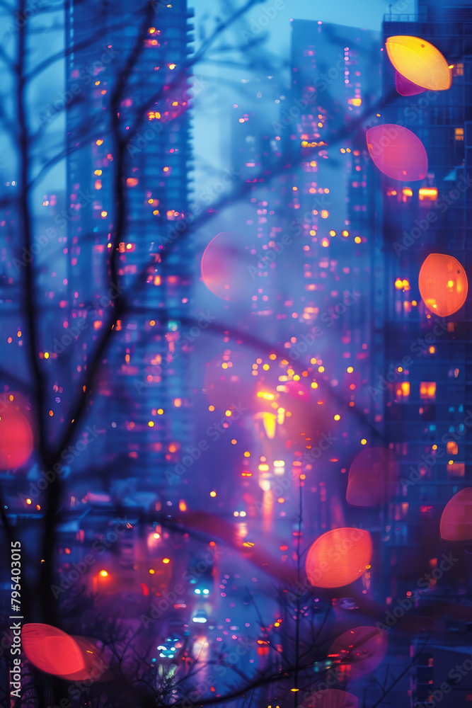 Poster a twilight cityscape bokeh, with lights from skyscrapers blending into a shimmering pool of colors,