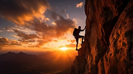 A rock climber scales a cliff face as the sun sets over a mounta