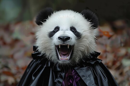 A chubby panda bear, dressed as a vampire, tries to scare passersby but ends up getting hugs for its adorable, fanged smile