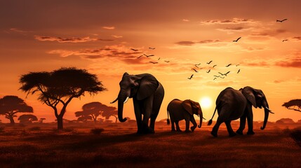 The majestic African elephant family strolls through the savanna