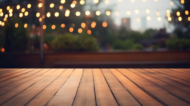 The beauty of a wooden table with a blurred background of city l