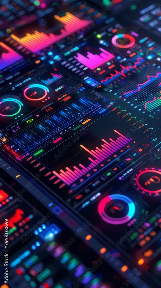 Poster a highly detailed and futuristic user interface with graphs, charts, and other data visualizations.