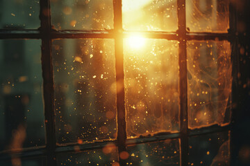 A vintage bokeh with sepia tones, light filtering through an old window, dust particles floating,