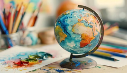 A globe spins lightly on a desk, its countries blending together in a harmonious palette of watercolor hues, kawaii, bright water color