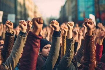 Close-up of a large group of people raising their fists. The background is modern buildings and structures.