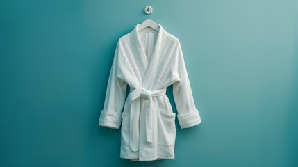 A white terry bathrobe on a hanger in a hotel room