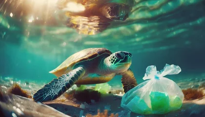 Foto op Plexiglas anti-reflex plastic pollution in ocean environmental problem turtles can eat plastic bags mistaking them for jellyfish dirty water concept © Kira