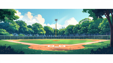 Outdoor baseball court scene in flat graphics