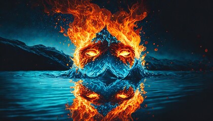 fiery face clashing with cool blue water an artistic representation of a fiery face meeting a calm blue water surface symbolizing the clash of opposites - obrazy, fototapety, plakaty