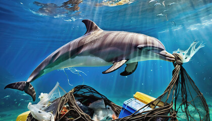 A dolphin is entangled in a mountain of garbage in the ocean. environmental pollution. pollution of the ocean. Whale and Dolphin Day