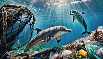 A dolphin is entangled in a mountain of garbage in the ocean. environmental pollution. pollution of the ocean. Whale and Dolphin Day - Powered by Adobe