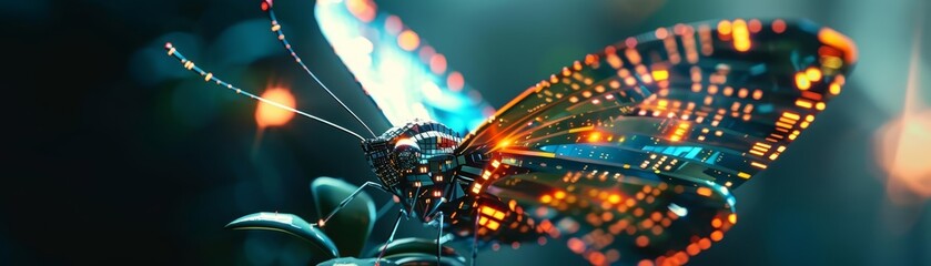 A macro view of a cybernetic moth flutters near a light, its wings a vibrant display screen of glowing scifi interface HUD patterns, merging beauty with technology