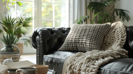 A leather couch with a gray and white textured pillow and a white chunky knit blanket. There are plants and sunlight in the background.