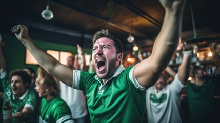 Excited soccer fans celebrate while watching soccer matches on TV during the World Cup in a bar. happily