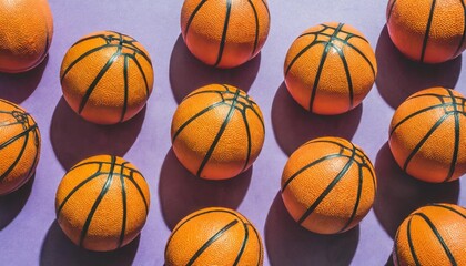 pattern of arranged orange basketballs with basketball text on purple background sports equipment concept