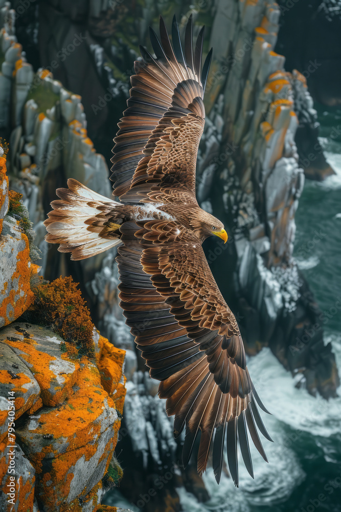 Poster an eagle swooping down on its prey in a high-stakes aerial maneuver over rugged cliffs,