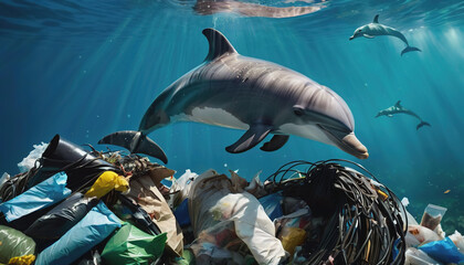 A dolphin is entangled in a mountain of garbage in the ocean. environmental pollution. pollution of the ocean. Whale and Dolphin Day