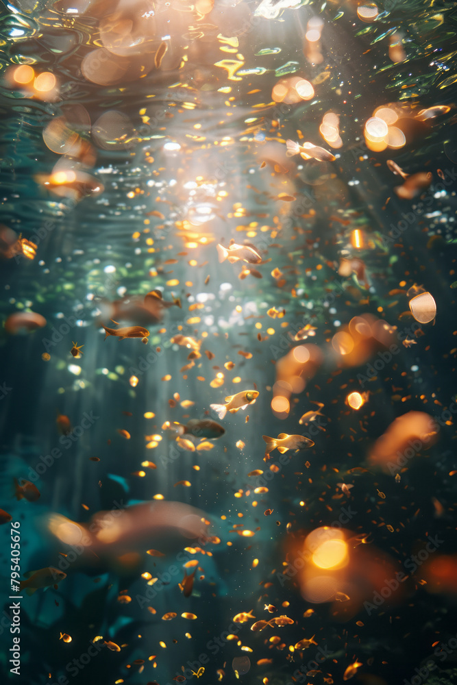 Poster An underwater bokeh, sunlight filtering through water to create a dreamlike array of light patches,