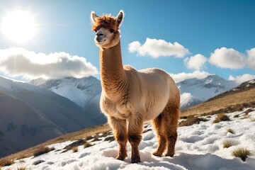 Fototapeta premium camel in the mountains, A majestic alpaca standing tall on a snow-capped mountain, its soft fur glistening in the sunlight.