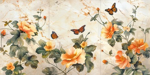 Floral and butterfly themes merge on marble for luxurious three panel wall decor