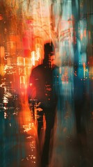 A long exposure photo of a person walking down a busy street at night. The city lights are blurred and streaked, creating a sense of movement and energy.
