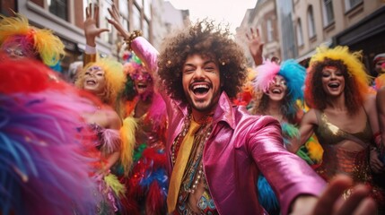 Group of happy young men and women in carnival costumes dancing and having fun in street festivities.