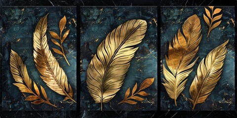 Luxurious panel wall art with a marble background and golden feather accents enriched with subtle gemstone hues