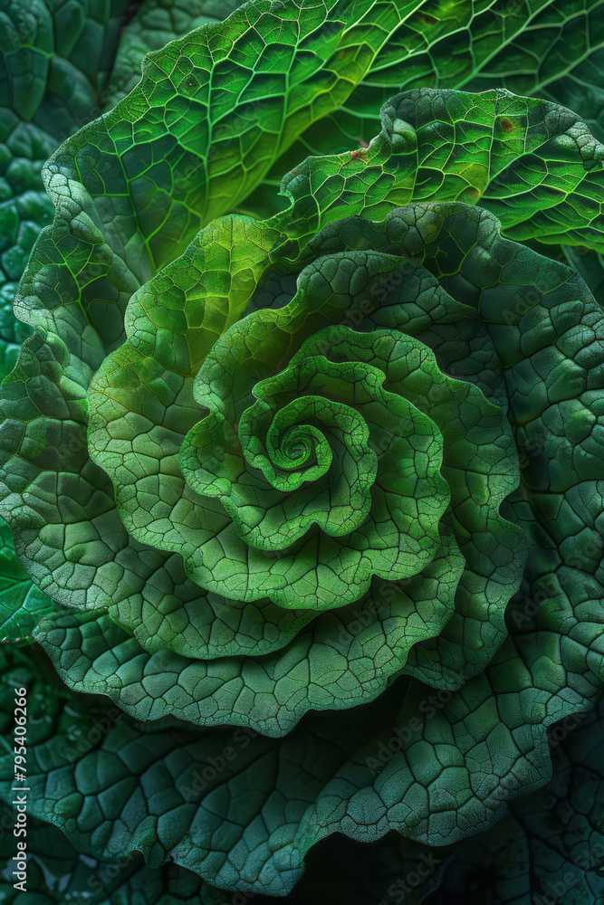 Poster the fractal beauty of a fern leaf, its green spirals forming an enchanting and restful pattern,