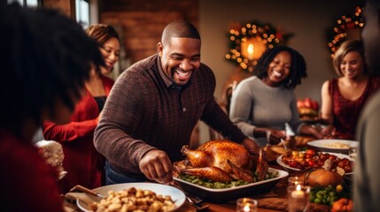African American man smiling cheerfully Happy serving the turkey While gathering with family for Thanksgiving at the dinner table at home.
