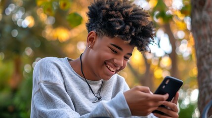 Boy smiling while using cell phone to text