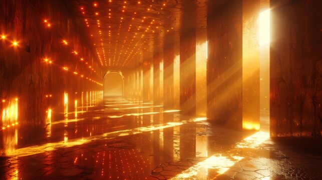 A long, golden hallway with glowing lights on the walls and a bright light at the end of the hall.