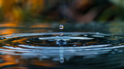 Close-up of a drop falling into a puddle, water drop ripple effect. Concept of tranquility, nature.