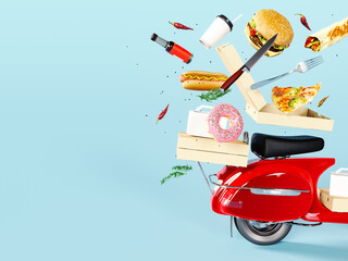 Fast food online delivery concept on blue background with copy space. Red scooter with food orders. 3D Rendering, 3D Illustration