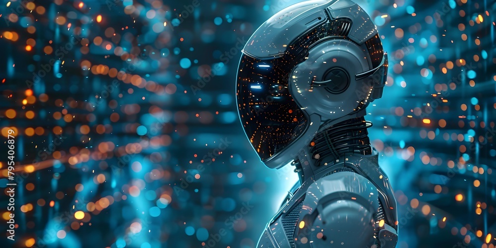 Poster futuristic cyborg or robot symbolizing digital technology artificial intelligence and innovation in 
