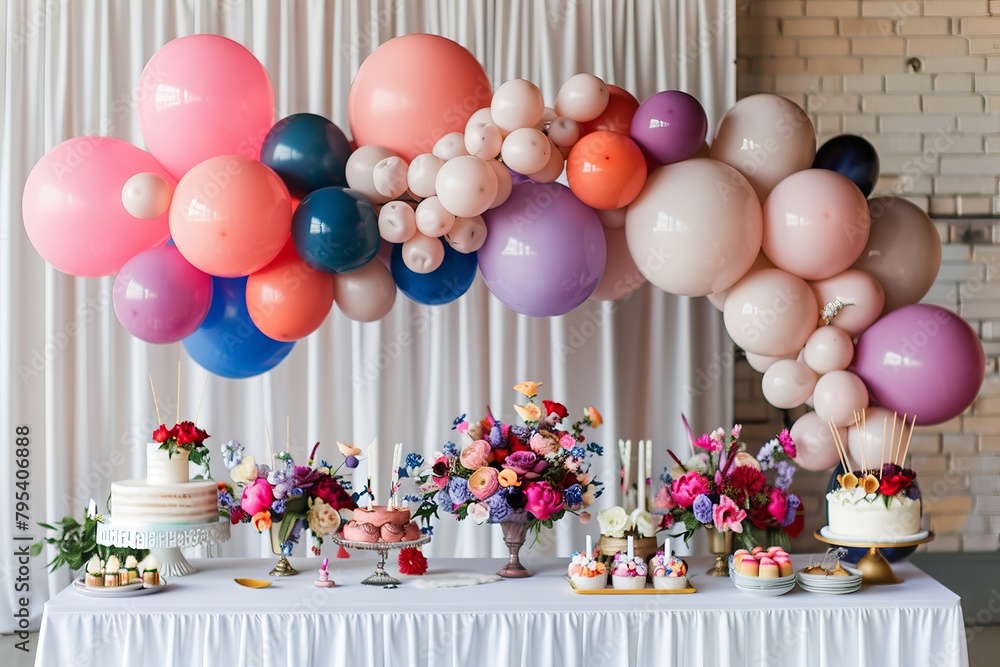 Poster elegant balloon centerpiece on a dessert table, adding a pop of color to the display