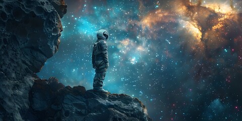 Solitary Astronaut Gazing Upon the Boundless Cosmic Wonders of the Universe - obrazy, fototapety, plakaty