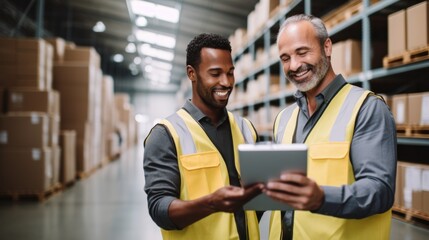 Obraz premium Happy manual worker using touchpad while communicating with his coworker and organizing package delivery
