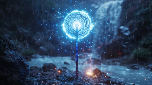 A magic staff with a glowing blue orb at the top is stuck in a rocky riverbed. The staff is made of dark wood and has intricate carvings on it. The orb is surrounded by a swirling vortex of water.