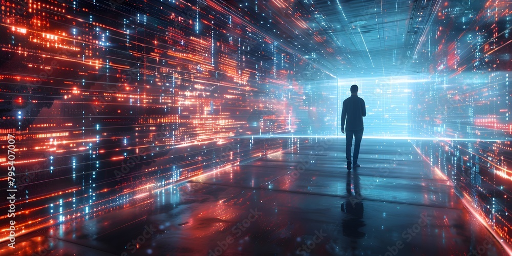 Poster evolving digital art installation visualizing real time data streams in futuristic sci fi technologi