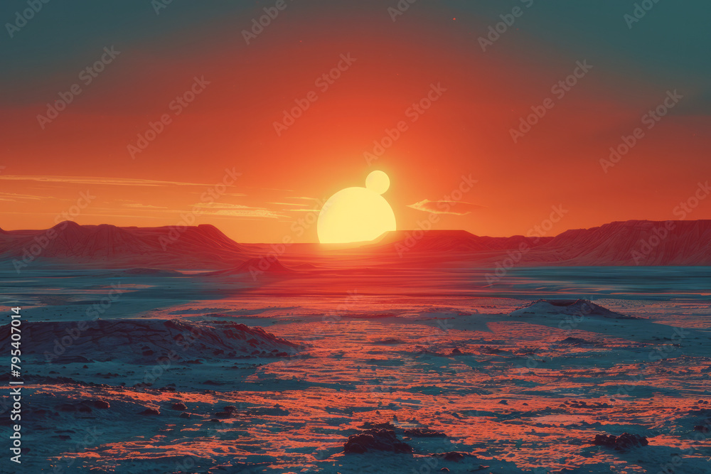 Poster The surface of an alien planet, with two suns setting on the horizon, casting dual shadows,