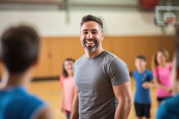 Fototapeta premium A cheerful physical education teacher stands and talks with students between classes at the elementary school basketball court gym.