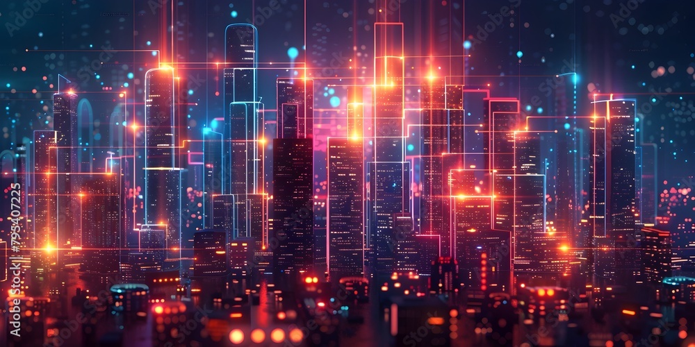 Poster futuristic interactive tool for simulating smart city solutions with vibrant illuminated digital sky
