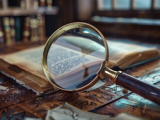 A magnifying glass sits on top of an open book.