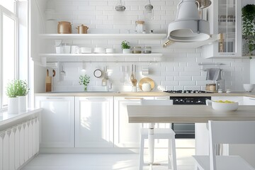 A clean white kitchen with a table and chairs