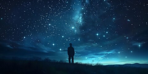 Silhouetted figure stands in awe inspiring starry night sky mountains in the distance cosmic wonders and celestial mysteries abound - obrazy, fototapety, plakaty