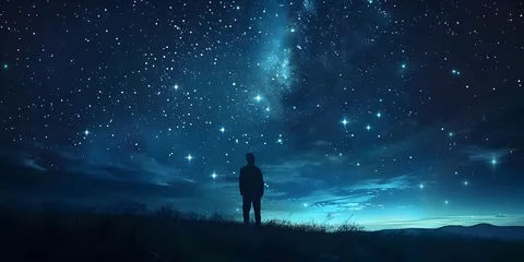 Foto op Plexiglas Silhouetted figure stands in awe inspiring starry night sky mountains in the distance cosmic wonders and celestial mysteries abound © Thares2020