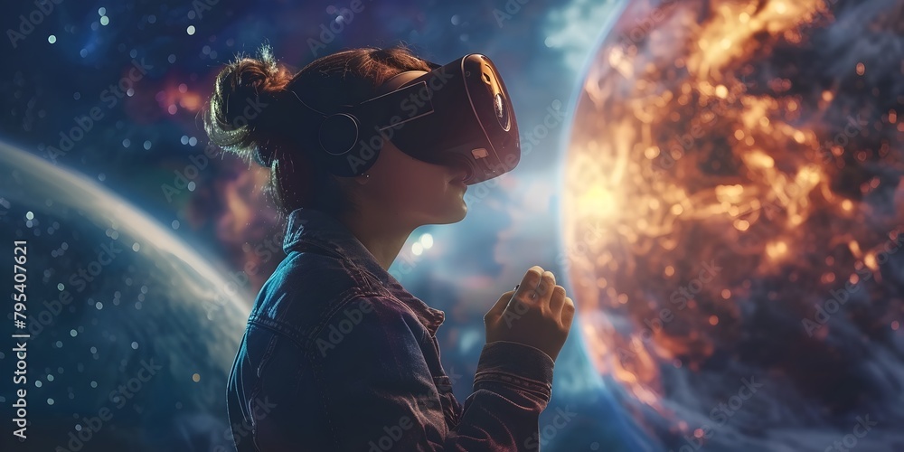 Poster immersive virtual reality experience exploring the expansive solar system and cosmic wonders of the 