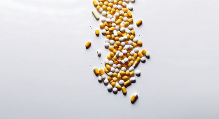 Prescription medicine drug pills or tablets and capules scattered on white countertop with big copy space and plain base, top down shot, yellow pill

