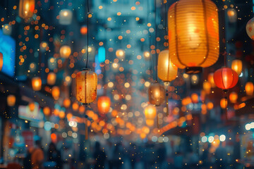 A bustling marketplace bokeh, lights from vendor stalls creating a tapestry of blurred, colorful specks,