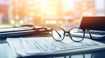 Picture of eyeglasses, pen, laptop screen, and financial documents. On the table in the office